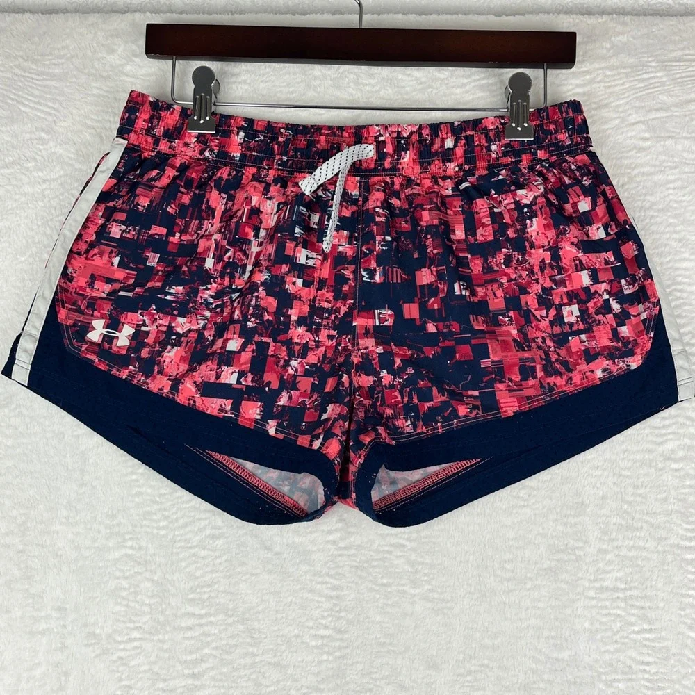 Under Armour‎ Running Shorts Women M Pink Navy Abstract Pixel Print 1305701